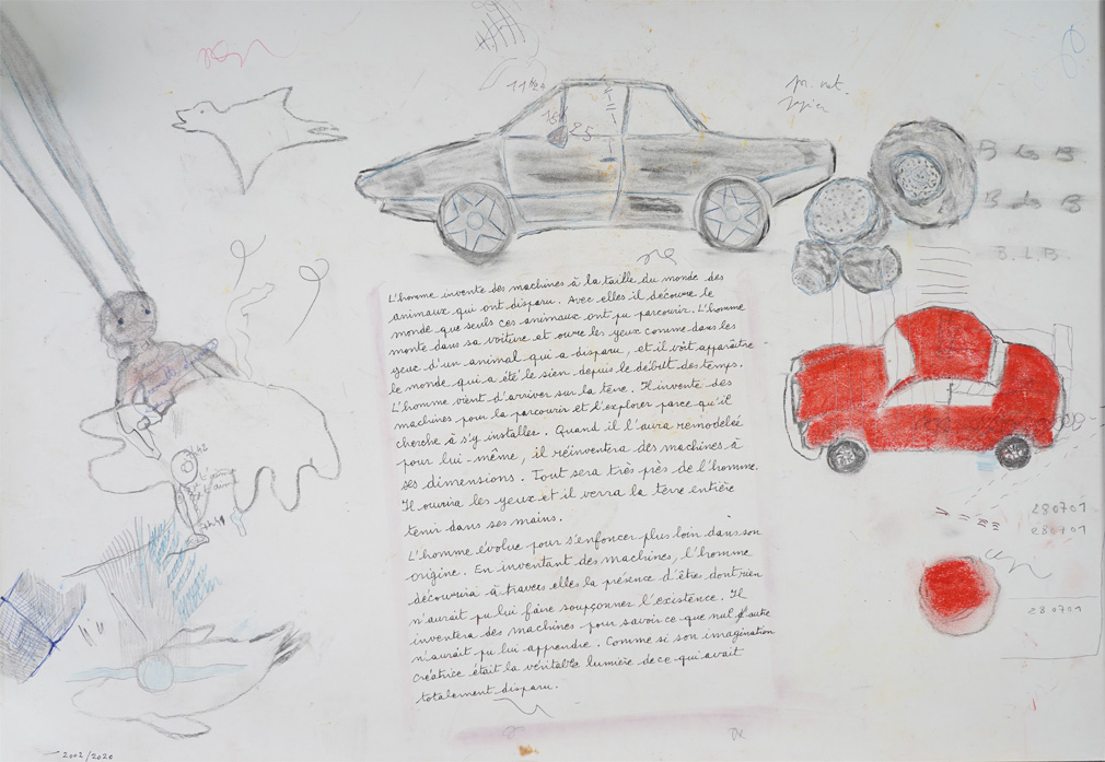 Comme un fleuve qui déborde : Jean-Luc Parant, La voiture-rouge, pastel crayons de couleur graphite et fusain sur papier, 525 x 80 cm